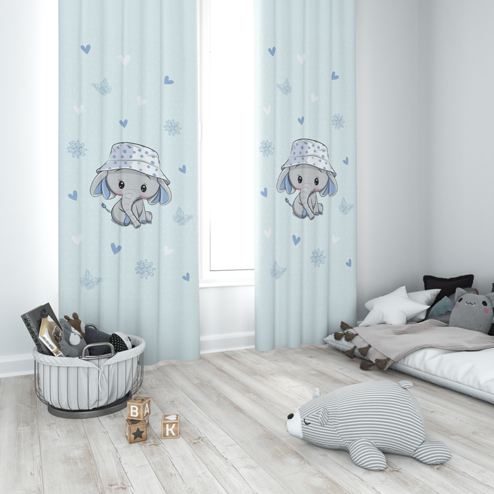 Kék Fány, elefántos muszlin babafüggöny 140 x 210 cm