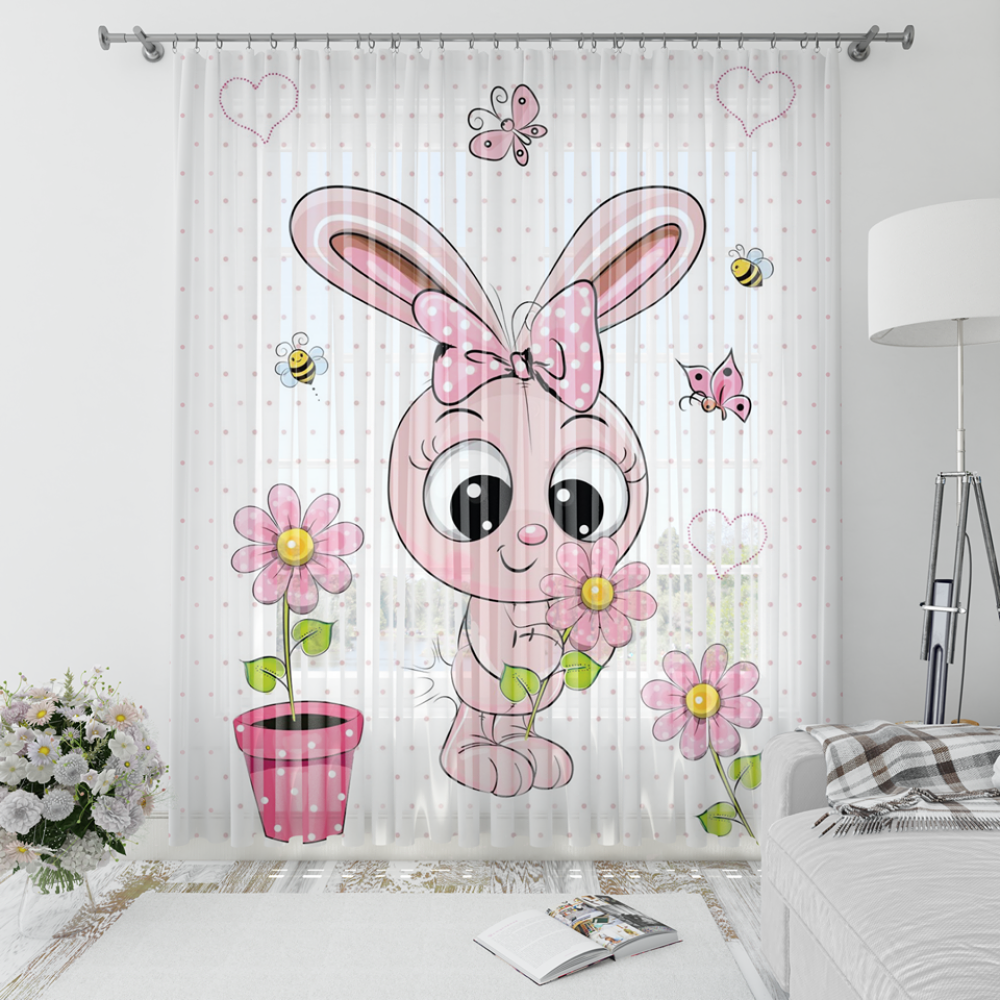 Nyuszis fehér hátterű, pöttyös muszlin baba függöny 136 x 205 cm